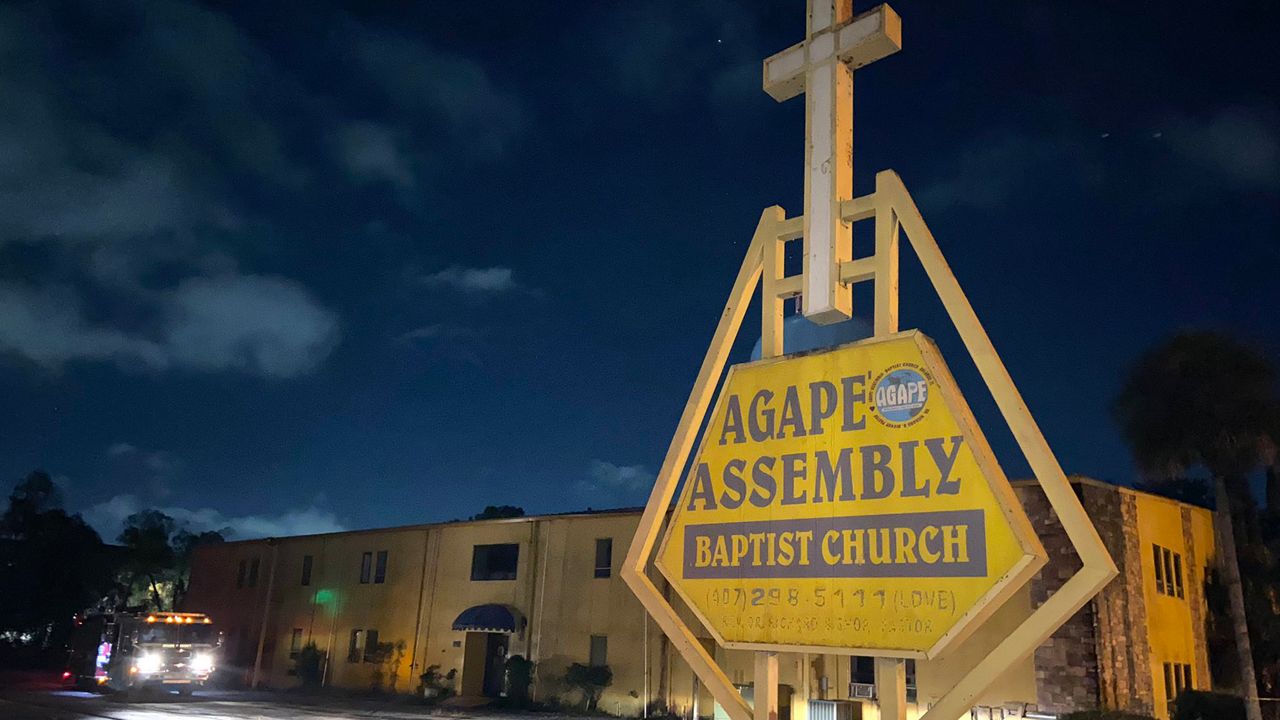 One of the buildings at the Agape Assembly Baptist Church at 2425 N Hiawassee Rd. in Orlando's Pine Hills section was destroyed as firefighters fought and extinguished the flames. (Spectrum News 13/Ashleigh Mills)