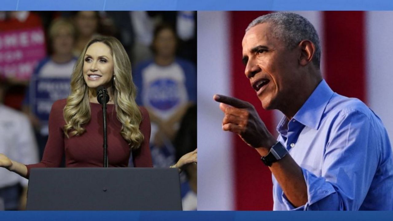 The president’s daughter-in-law Lara Trump and former President Barack Obama will be hitting the campaign trail for both Donald Trump and Joe Biden on Tuesday. (Associated Press file photos)