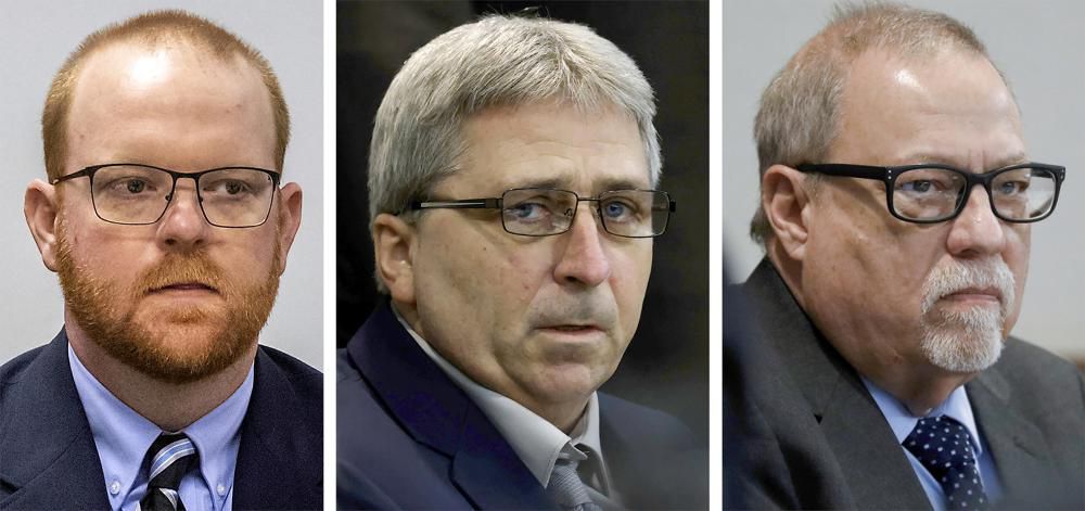 FILE - This photo combo shows, from left, Travis McMichael, William "Roddie" Bryan, and Gregory McMichael during their trial at at the Glynn County Courthouse in Brunswick, Ga. (Pool, File)