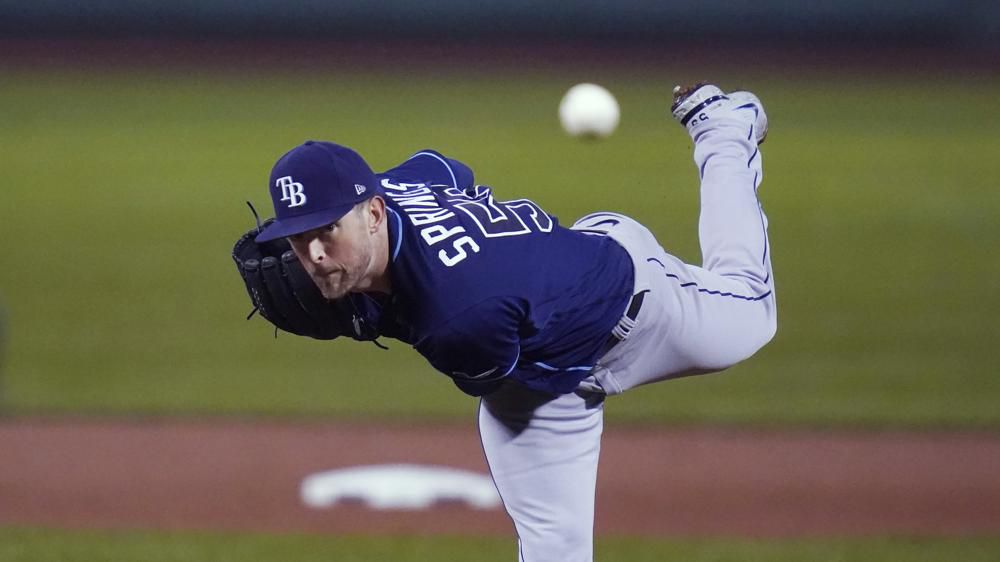 Tampa Bay Rays starting pitcher Jeffrey Springs delivers during the first inning of the team's baseball game against the Boston Red Sox, Tuesday, Oct. 4, 2022, at Fenway Park, in Boston. (AP Photo/Charles Krupa)