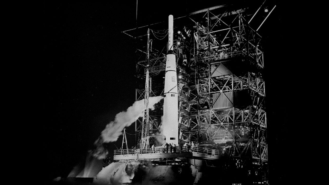 Pioneer 1 on the launch pad at Cape Canaveral Air Force Station before its historic launch in 1958, 10 days after NASA opened. (NASA)