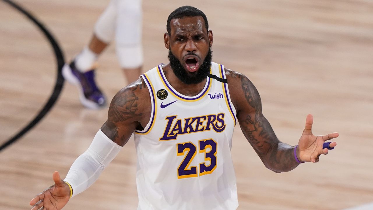 Los Angeles Lakers' LeBron James (23) reacts after no foul was called against the Miami Heat during the second half in Game 3 of basketball's NBA Finals, Sunday, Oct. 4, 2020, in Lake Buena Vista, Fla. (AP Photo/Mark J. Terrill)