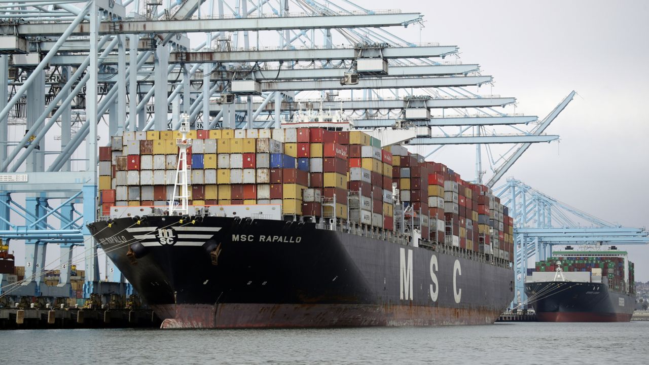 A cargo ship is docked at the Port of Los Angeles on June 19, 2019. (AP Photo/Marcio Jose Sanchez)