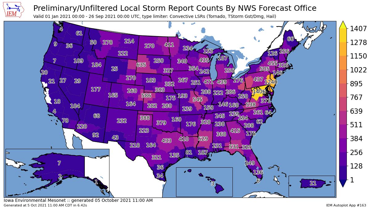 Number of preliminary storm reports by state.
