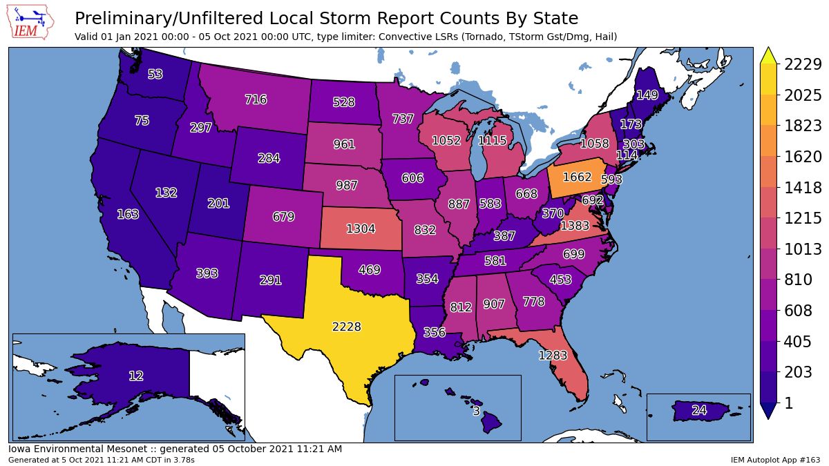 Number of preliminary storm reports by state.