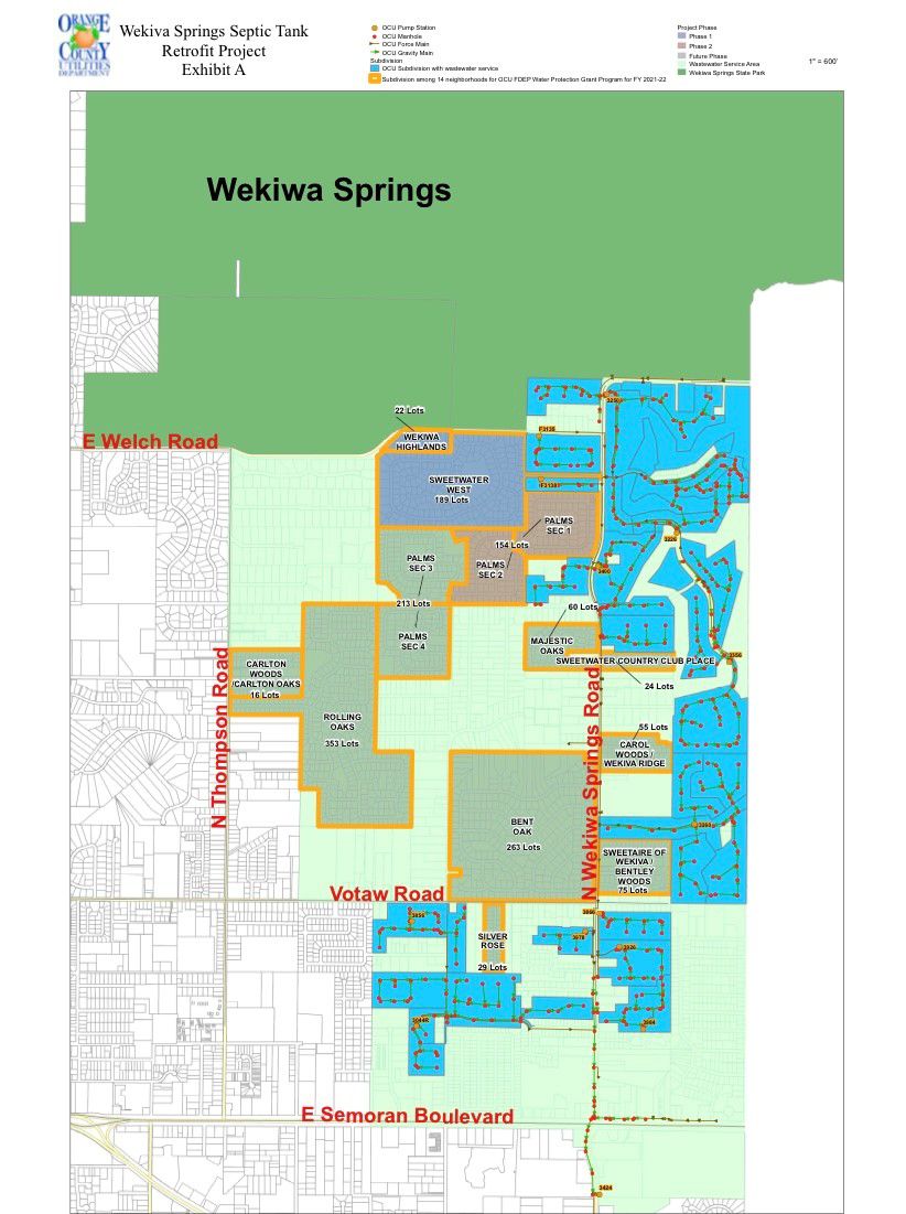 The map above shows plans for septic-to-sewer conversion in Wekiwa Springs area by Orange County Utilities. (Orange County)