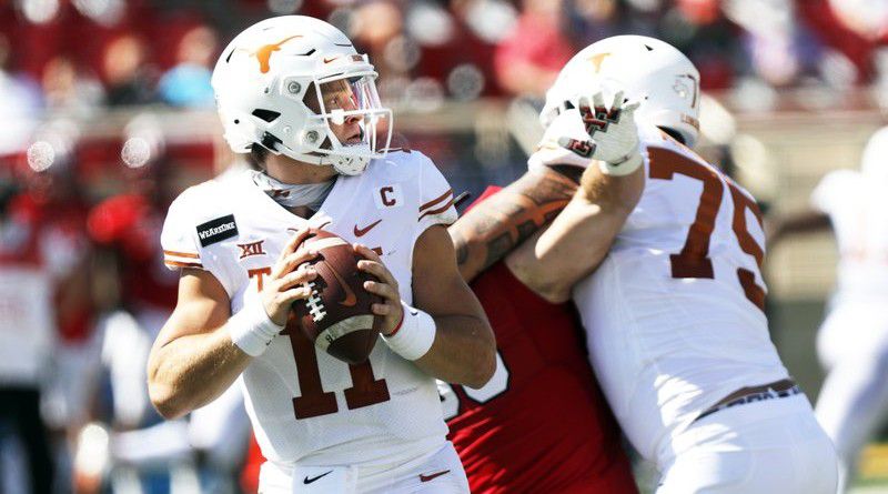 In this Saturday Sept. 26, 2020, file photo, Texas quarterback Sam Ehlinger looks for an open receiver during the first half of an NCAA college football game against Texas Tech in Lubbock, Texas. No. 22 Texas vs. Oklahoma, at Cotton Bowl Stadium, Dallas. (AP Photo/Mark Rogers, File)