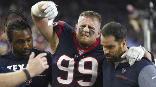 Houston Texans defensive end J.J. Watt (99) is helped off the field after he was injured during the first half of an NFL football game against the Kansas City Chiefs, Sunday, Oct. 8, 2017, in Houston. (AP Photo/Eric Christian Smith)