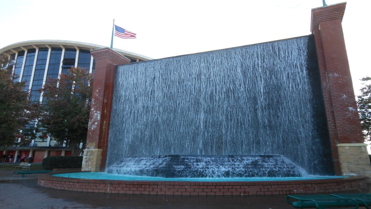 The State Fair waterfall dedicated to Helen Kirk Graham outside of Dorton Arena
