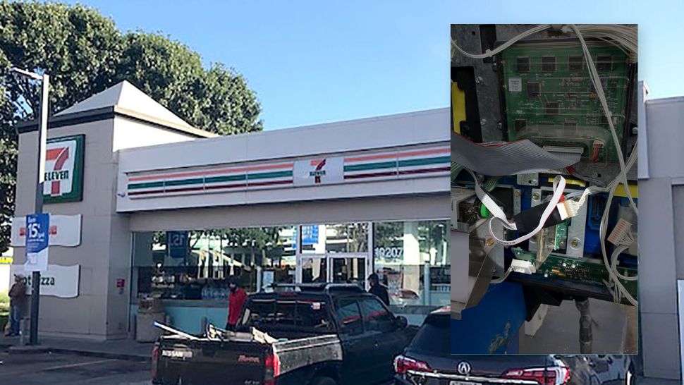 Photo of the 7-Eleven the skimmers were found at and a photo of one of the skimmers. (Courtesy: Texas Department of Agriculture)