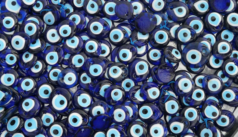 Pictured, evil eyes are common talismans in West Asia. In folklore, the staring eyes are supposed to bend the malicious gaze back to the sorcerer. 