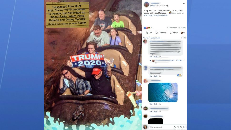 A screen capture from a Facebook page purporting to be from Dion Cini shows a man holding up a "Trump 2020" sign on Splash Mountain. A Disney World spokeswoman said Cini has been permanently banned from the park. (Facebook)
