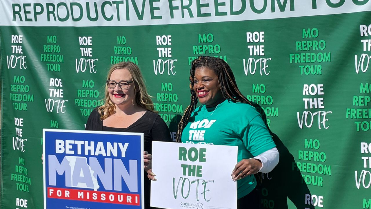 Missouri third district congressional candidate Bethany Mann (left), joined U.S. Rep. Cori Bush at an Oct. 8 campaign event in St. Charles. Mann is trying to unseat U.S. Rep. Blaine Luetkemeyer, while Bush is running for re-election in the first district against Republican Andrew Jones, Jr. and Libertarian George Zsidisin. (Spectrum News/Gregg Palermo)