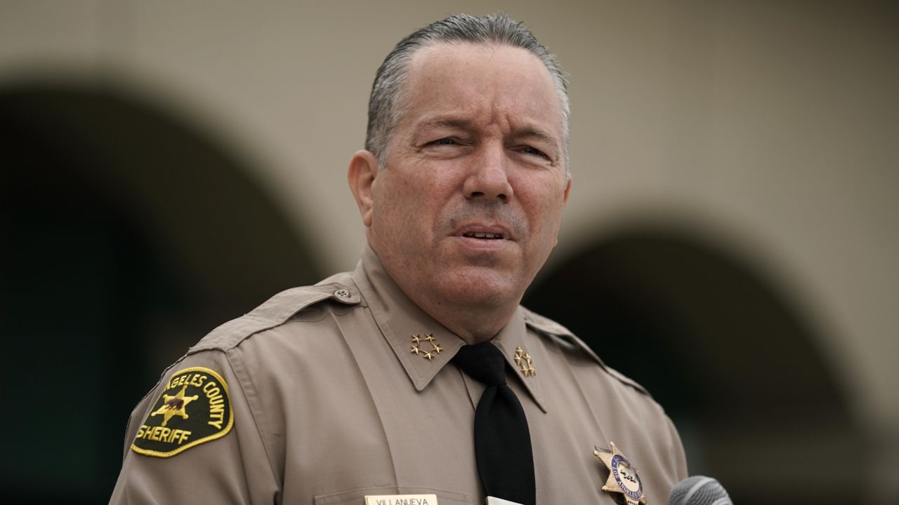 Los Angeles County Sheriff Alex Villanueva speaks during a news conference on Thursday, Sept. 10, 2020. (AP Photo/Jae C. Hong)