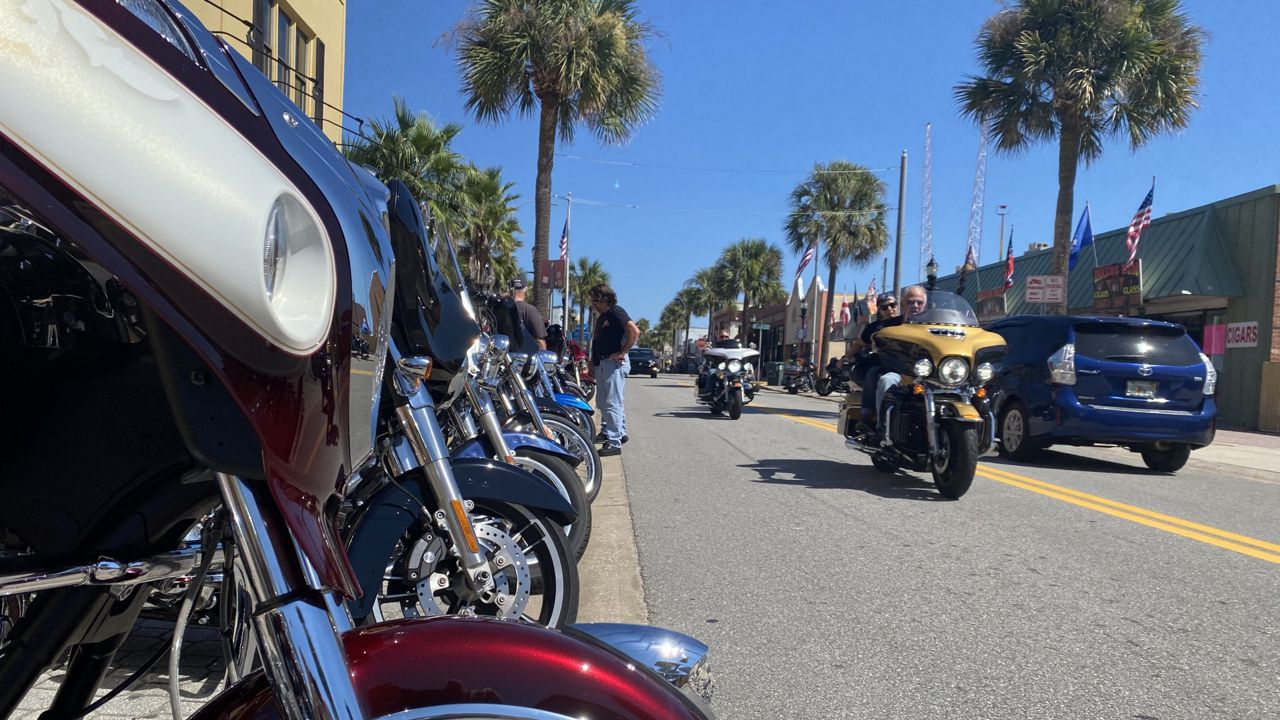 Motorcycles of all colors and styles line Daytona Beach's Main Street on Thursday — the hub of the annual Biketoberfest event. (Pete Reinwald/Spectrum News)