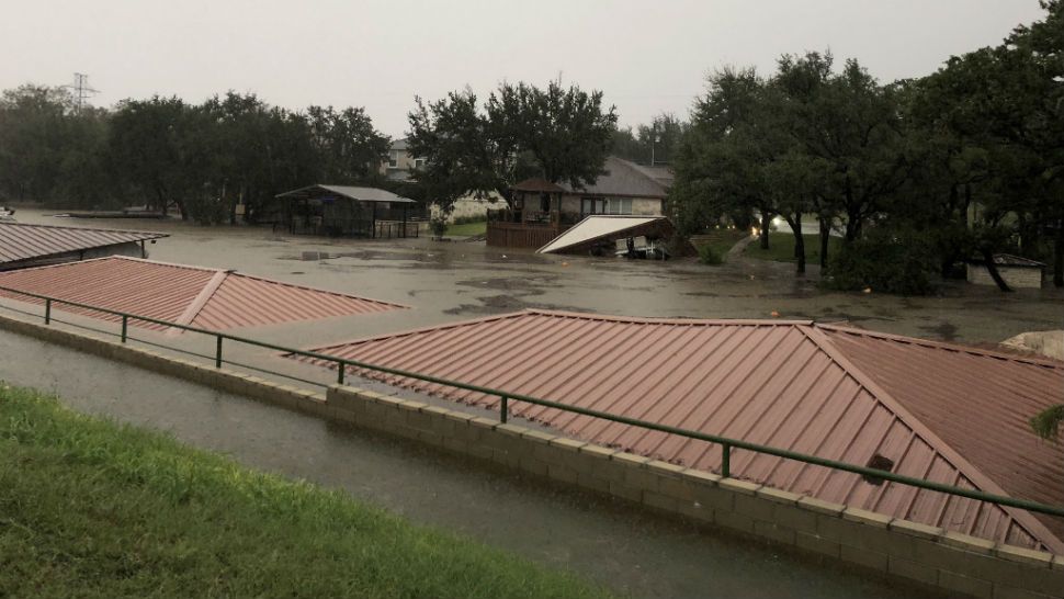 FILE photo of boat docks underwater at the intersection of Llano River and Lake LBJ. (Spectrum News Photo/Victoria Maranan)