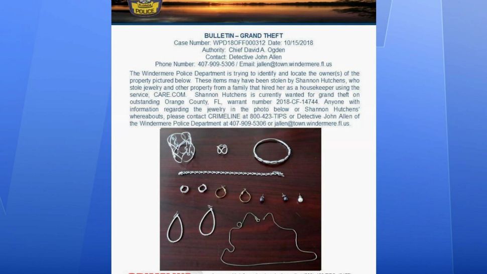 Windermere Police put out this bulletin showing some of the $30,000 worth of stolen jewelry being sought. Investigators say a housekeeper stole the items, and they say there could be more victims. (Windermere Police)