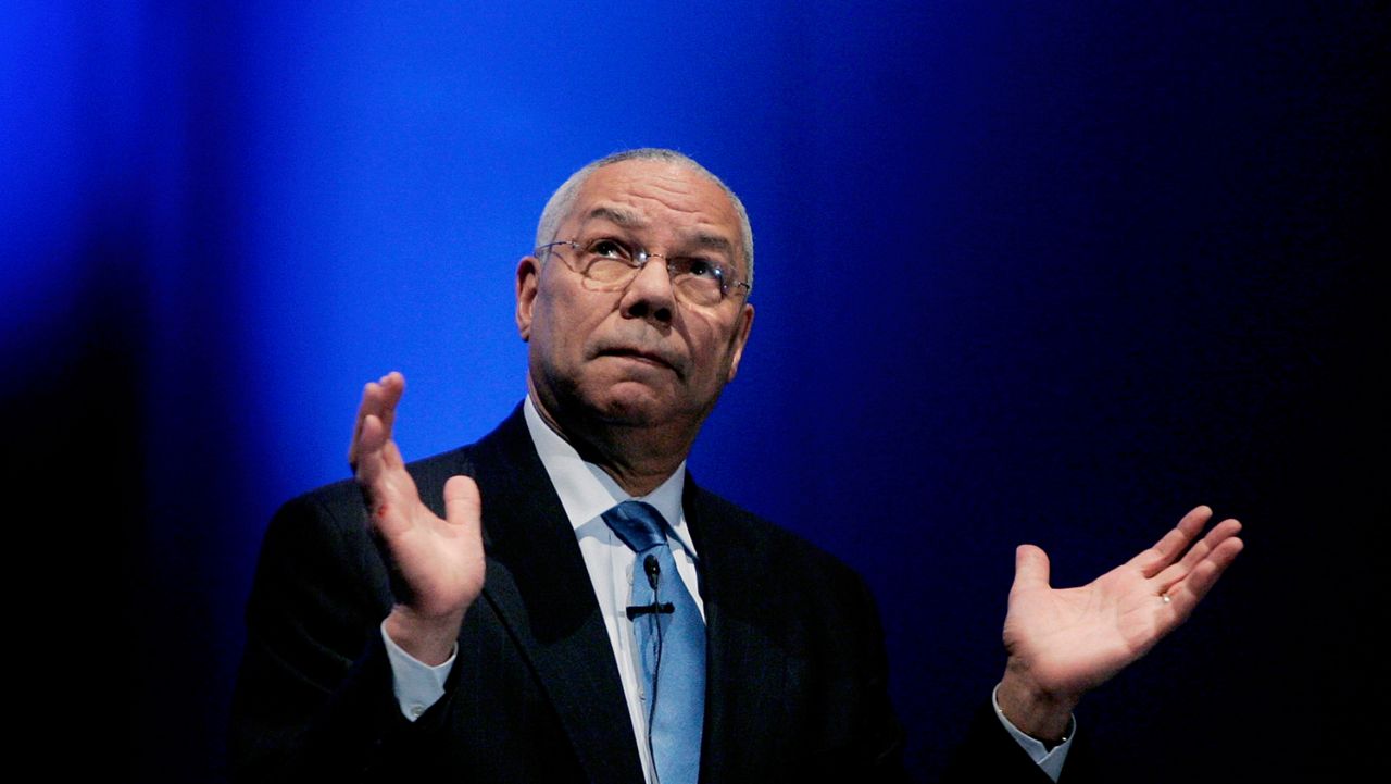 Former Secretary of State Colin Powell gestures during a lecture about business management and leadership in Madrid, Spain on May 24, 2006. (AP Photo/Daniel Ochoa de Olza)
