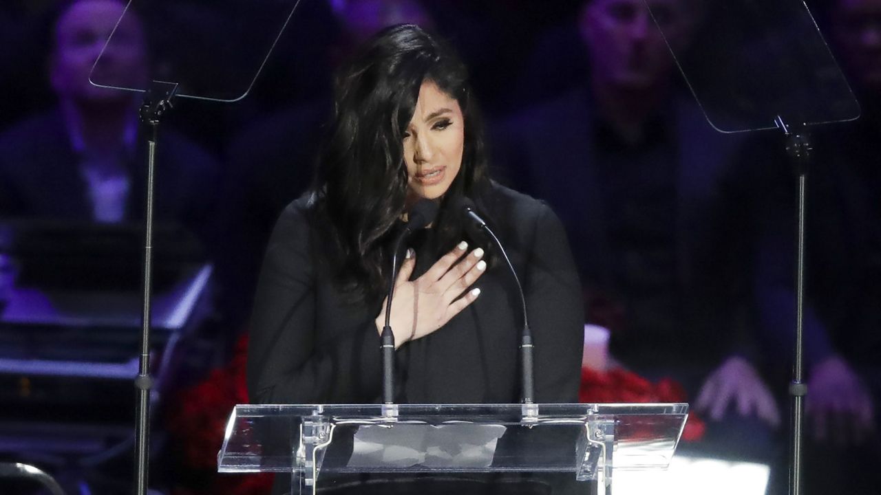 Vanessa Bryant speaks during a celebration of life for her husband, Kobe Bryant, and daughter Gianna in Los Angeles on Feb. 24, 2020. (AP Photo/Marcio Jose Sanchez)