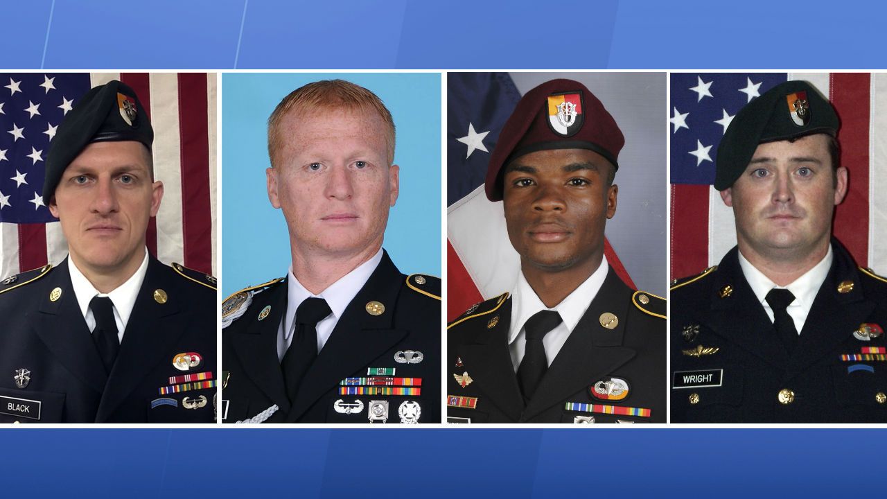 These images provided by the U.S. Army show, from left, Staff Sgt. Bryan C. Black, 35, of Puyallup, Wash.; Staff Sgt. Jeremiah W. Johnson, 39, of Springboro, Ohio; Sgt. La David Johnson of Miami Gardens, Fla.; and Staff Sgt. Dustin M. Wright, 29, of Lyons, Ga. All four were killed in Niger, when a joint patrol of American and Niger forces was ambushed by militants believed linked to the Islamic State group. (U.S. Army via AP)