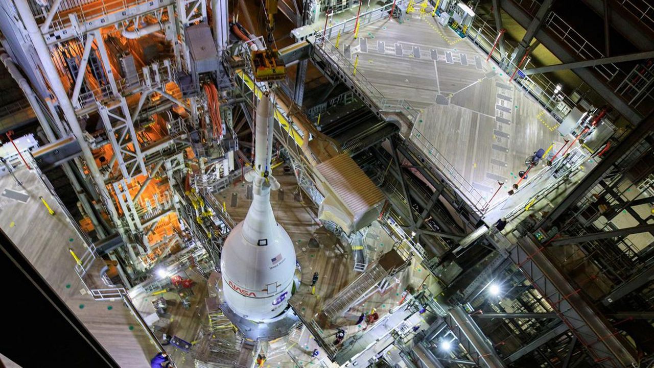 Orion now tops the SLS rocket at the Vehicle Assembly Building at Kennedy Space Center. (NASA)