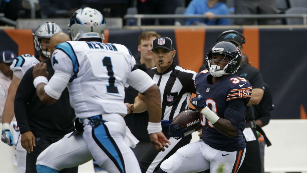 Chicago Bears free safety Eddie Jackson (39) returns an interception thrown by Carolina Panthers quarterback Cam Newton (1) for a 76-yard touchdown during the first half of an NFL football game, Sunday, Oct. 22, 2017, in Chicago. (AP Photo/Nam Y. Huh)