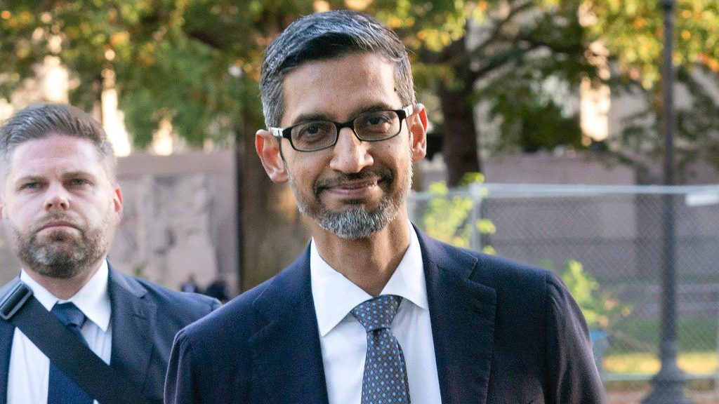 Google and Alphabet Inc. CEO Sundar Pichai arrives at the federal courthouse in Washington, Monday, Oct. 30, 2023. (AP Photo/Jose Luis Magana)