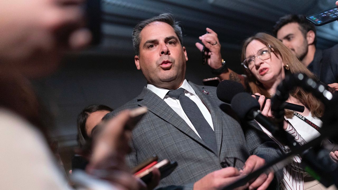Rep. Mike Garcia, R-Calif., talks to reporters at the Capitol in Washington on Tuesday, Oct. 10, 2023. (AP Photo/Jose Luis Magana)