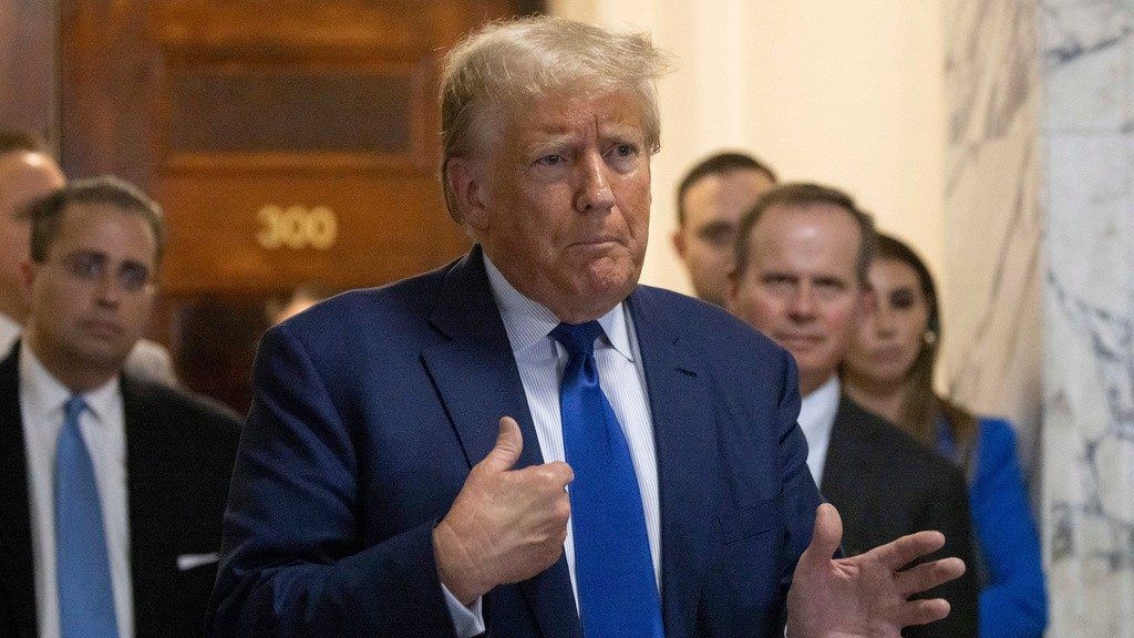 Former President Donald Trump speaks to the media as he exits the courtroom of his civil business fraud trial at New York Supreme Court, Wednesday, Oct. 25, 2023, in New York. (AP Photo/Yuki Iwamura)