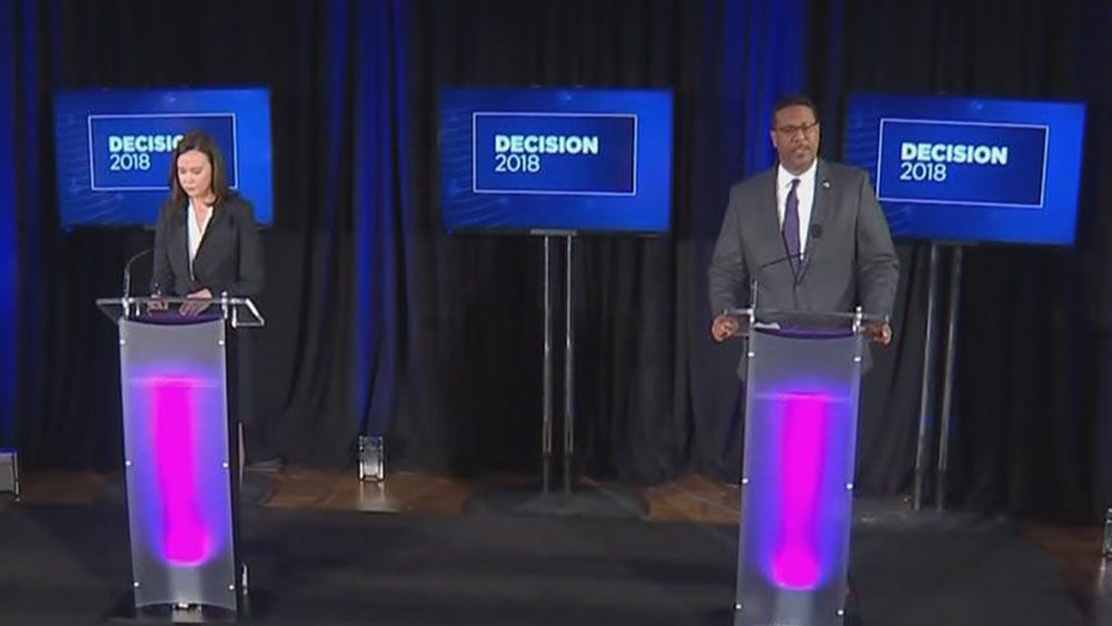 Ashley Moody (left) and Sean Shaw (right) at the Florida Attorney General debate Tuesday in Tampa. (Spectrum News)