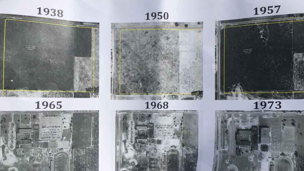 Aerial maps from 1938, 1950, 1957, 1965, 1968, and 1973 showing a portion of property in Hillsborough County where a potter's field-type cemetery is believed to be located. 