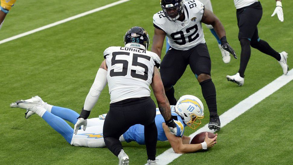 Los Angeles Chargers quarterback Justin Herbert, bottom, lunges into the end zone for a touchdown during the second half of an NFL football game against the Jacksonville Jaguars Sunday, Oct. 25, 2020, in Inglewood, Calif. (AP Photo/Kyusung Gong)