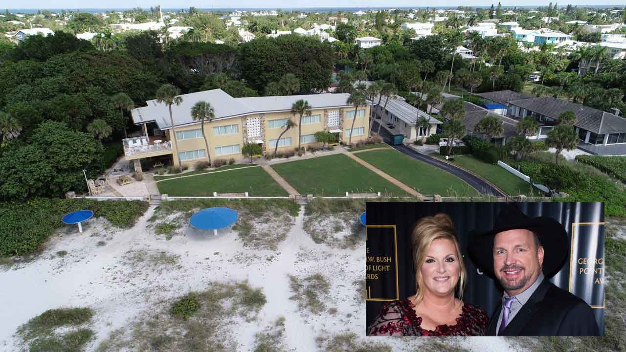 Main photo: Aerial view of the Layby Resort on Holmes Beach. (Spectrum Bay News 9); Inset: Trisha Yearwood and Garth Brooks (Courtesy: Associated Press)