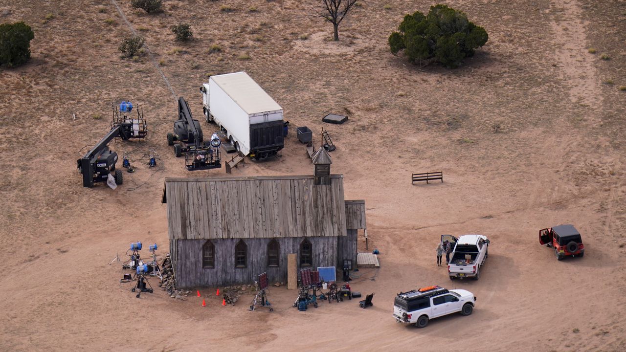 This aerial photo shows a film set at the Bonanza Creek Ranch in Santa Fe, N.M., Saturday, Oct. 23, 2021. (AP Photo/Jae C. Hong)