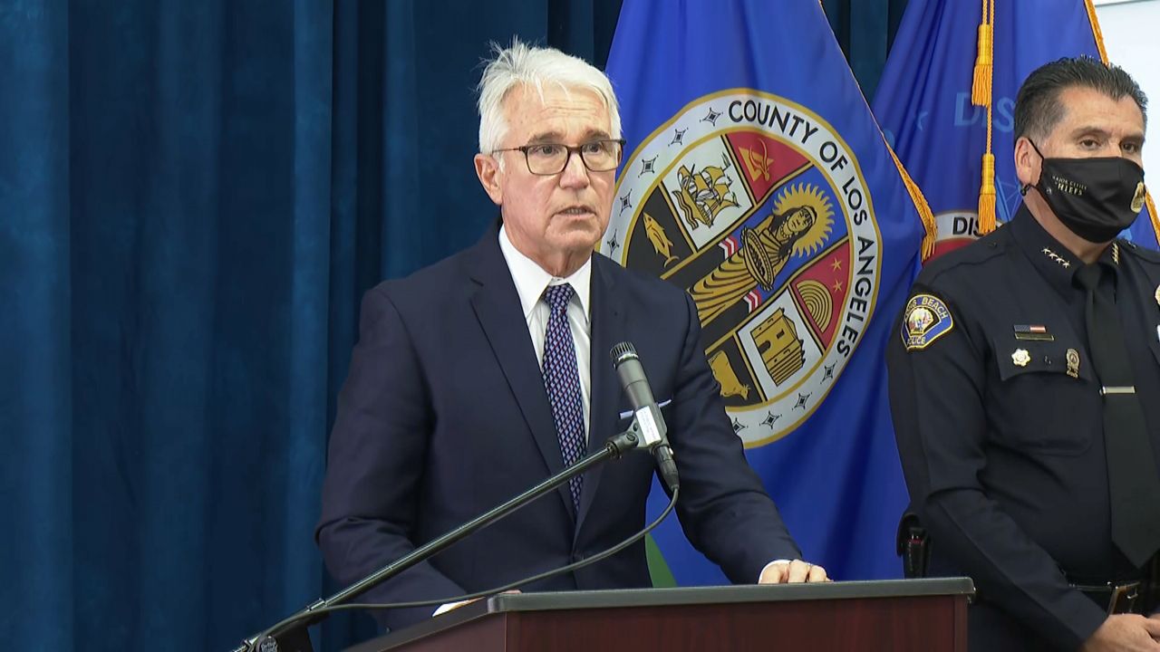Los Angeles DA George Gascón announces that former LBUSD safety officer Eddie Gonzalez, who fatally shot an 18-year-old woman in September, would be charged with murder, October 27, 2021. (Spectrum News 1)