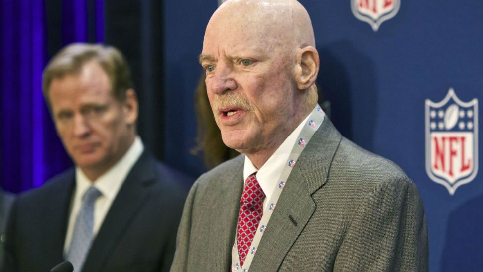 In this Dec. 10, 2014 file photo Houston Texans owner Bob McNair speaks at an NFL press conference during an owners meeting, in Irving, Texas. At left is NFL commissioner Roger Goodell. McNair has apologized after a report said he declared “we can't have the inmates running the prison” during a meeting of NFL owners over what to do about players who kneel in protest during the national anthem. (AP Photo/Brandon Wade, File)