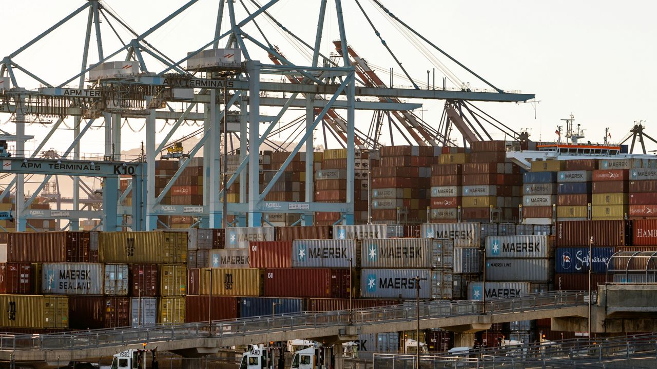 Shipping containers are stacked up at Maersk APM Terminals Pacific at the Port of LA on Oct. 19, 2021. (AP Photo/Damian Dovarganes)