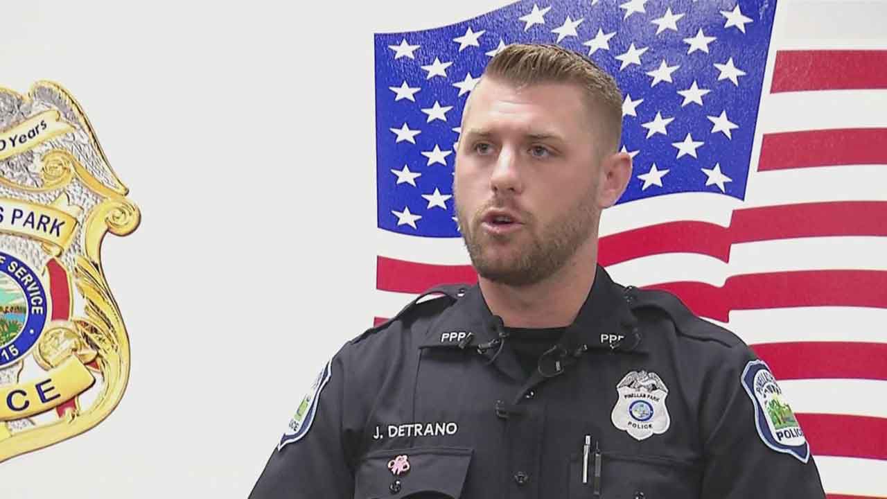 Pinellas Park Police Officer Jeffrey DeTrano speaks to assembled media, Monday, Oct. 28, 2019. (Spectrum Bay News 9)