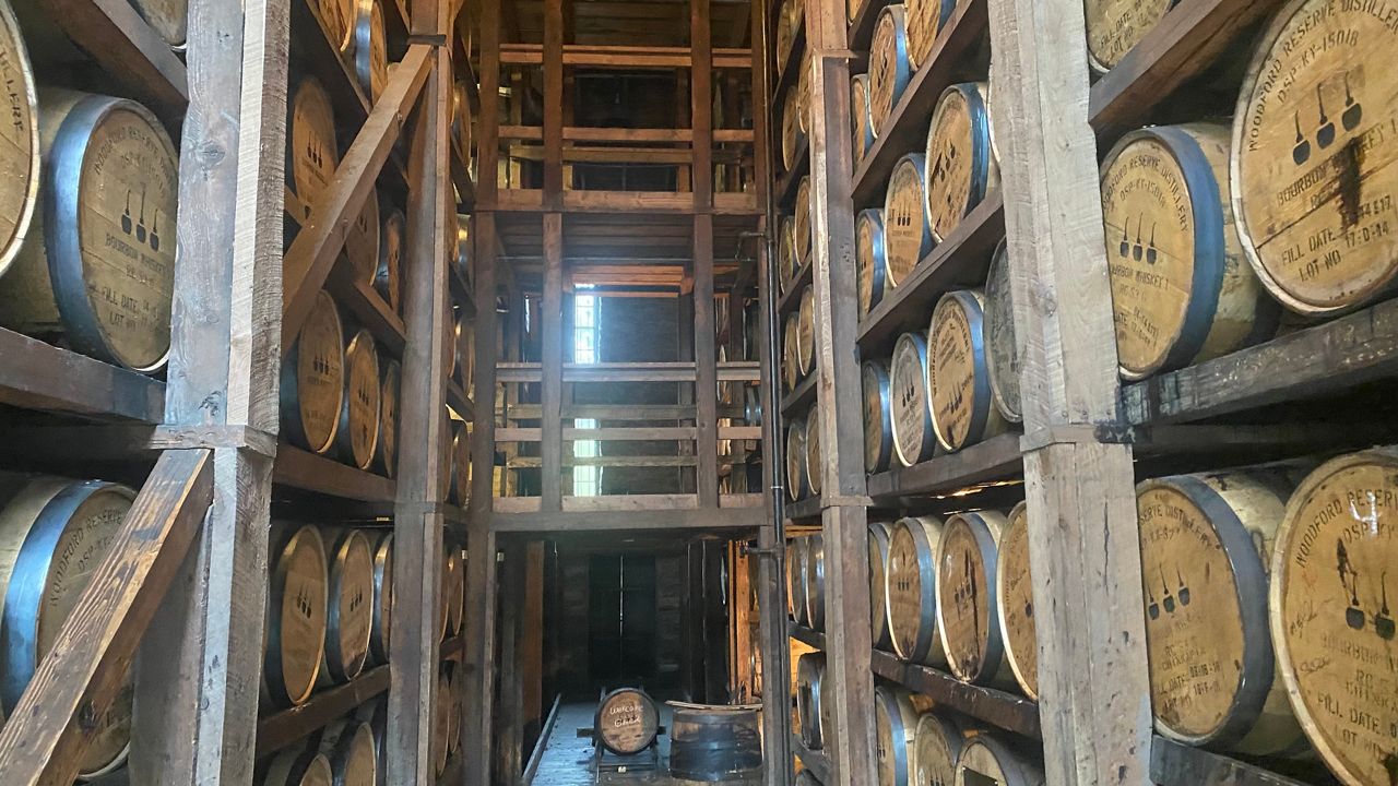 bourbon barrels in a rickhouse