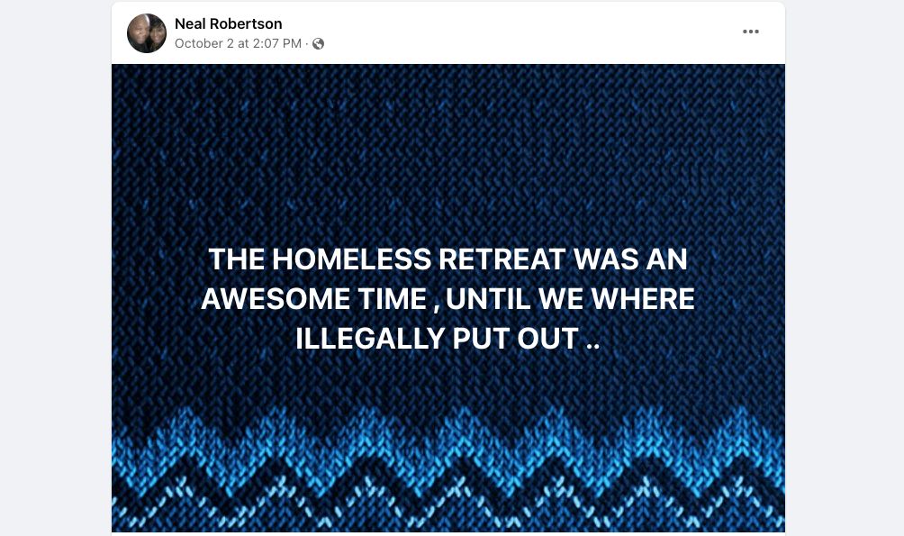 Robertson has denied holding a homeless retreat at Glenmary, but he posted his on Faceboook October 2. (Screenshot)