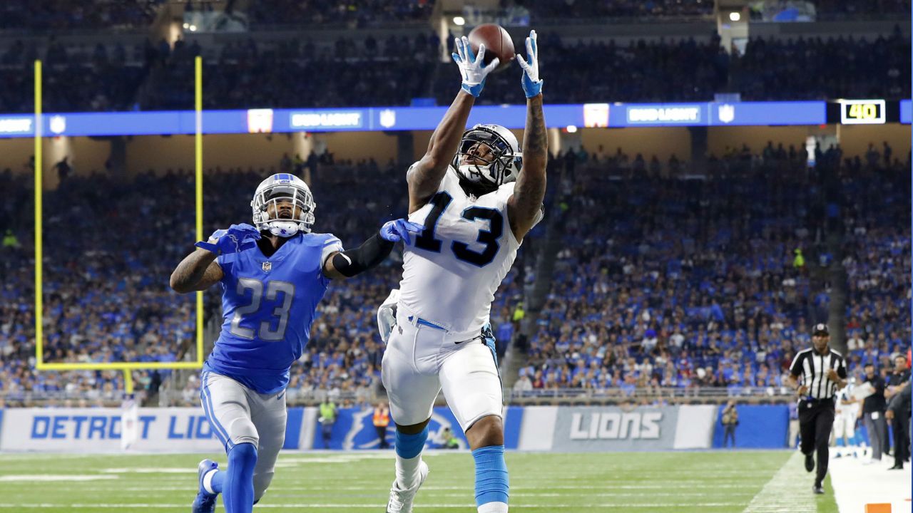 In this Oct. 8, 2017, file photo, Carolina Panthers wide receiver Kelvin Benjamin (13) makes a touchdown catch as Detroit Lions cornerback Darius Slay (23) defends during an NFL football game in Detroit. The Buffalo Bills have upgraded their patchwork group of receivers by agreeing to acquire Benjamin in a trade with the Panthers. Carolina acquired Buffalo's third- and seventh-round picks in next year's draft in making the deal reached just before the NFL's trade deadline on Tuesday, Oct. 31, 2017. (AP Photo/Paul Sancya, File)