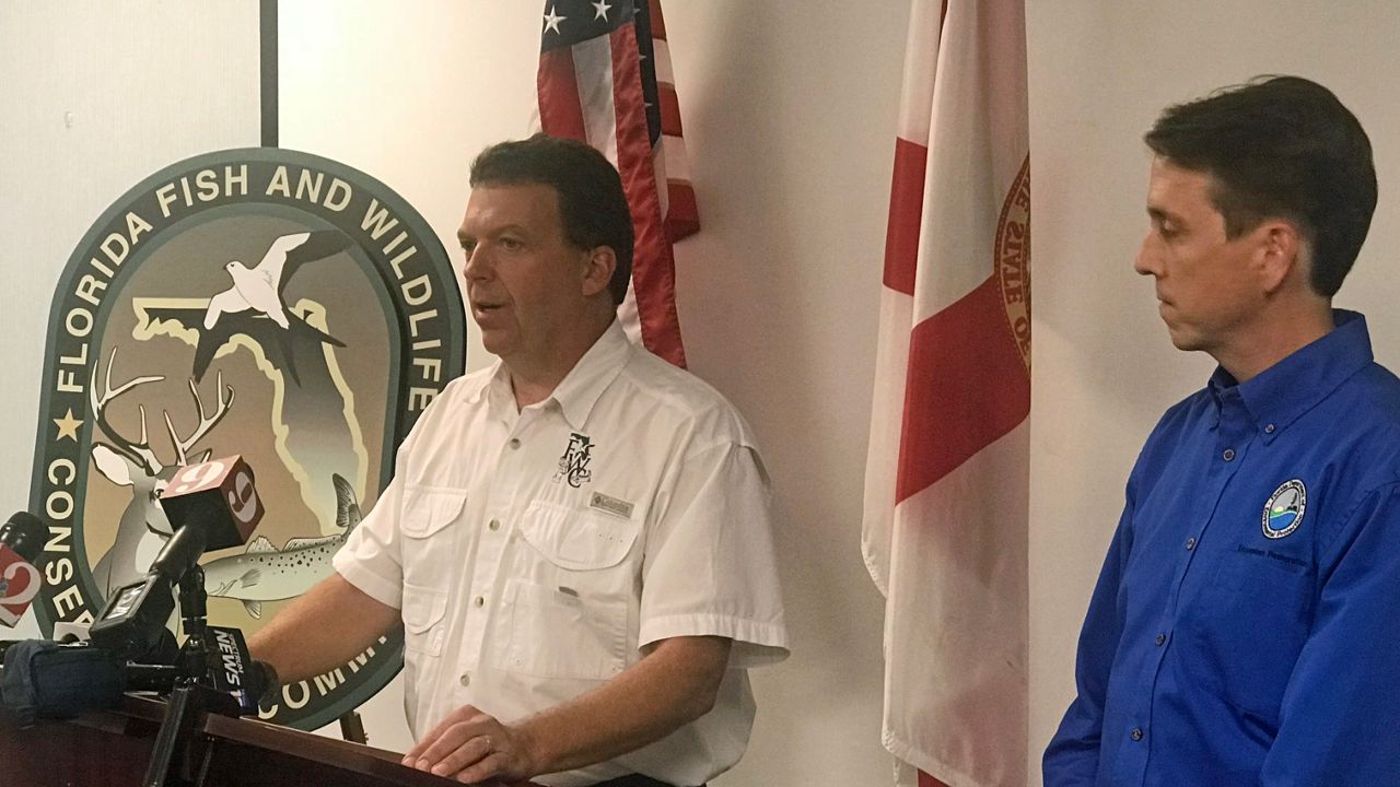 Eric Sutton, FWC Executive Director and Drew Bartlett, Department of Environmental Protection Deputy Secretary of Ecosystems Restoration, spoke about impacts of red tide and what officials are doing to address it. (Greg Pallone/Spectrum News)