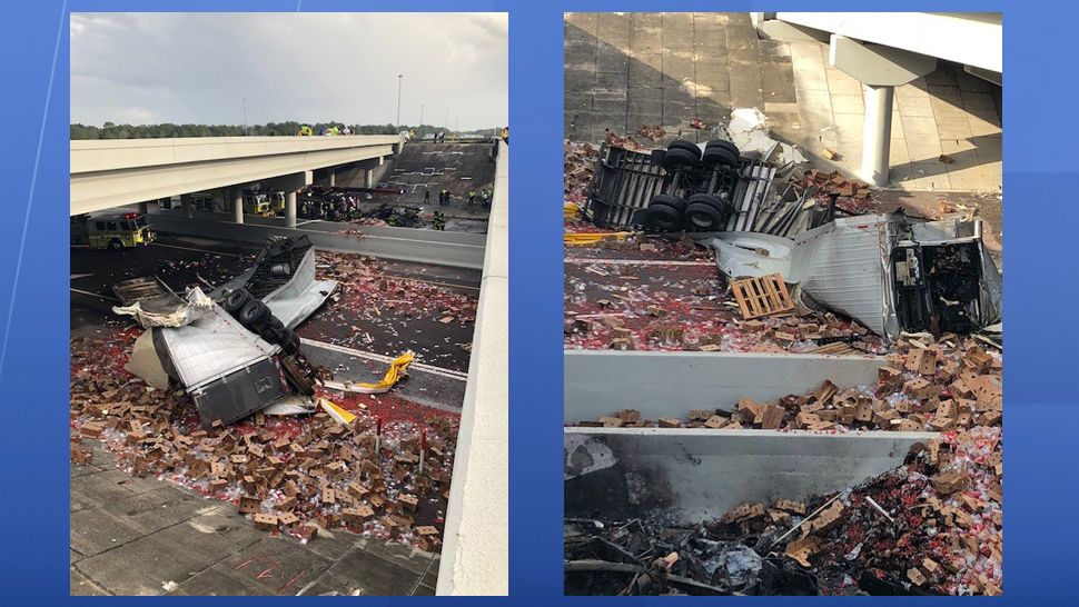Investigators said following the initial collision on the northbound lanes of I-75, the tractor trailer carrying tomatoes fell from the overpass down on Fowler Avenue below. (Florida Highway Patrol)