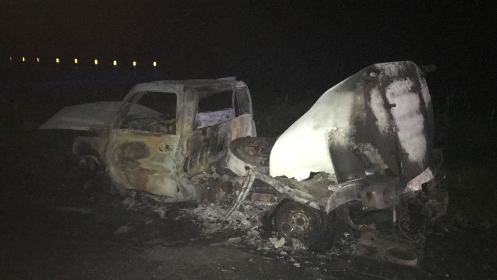Pickup truck heavily damaged in a fiery crash on State Road 54, Saturday, October 13, 2018. (Courtesy of Florida Highway Patrol)