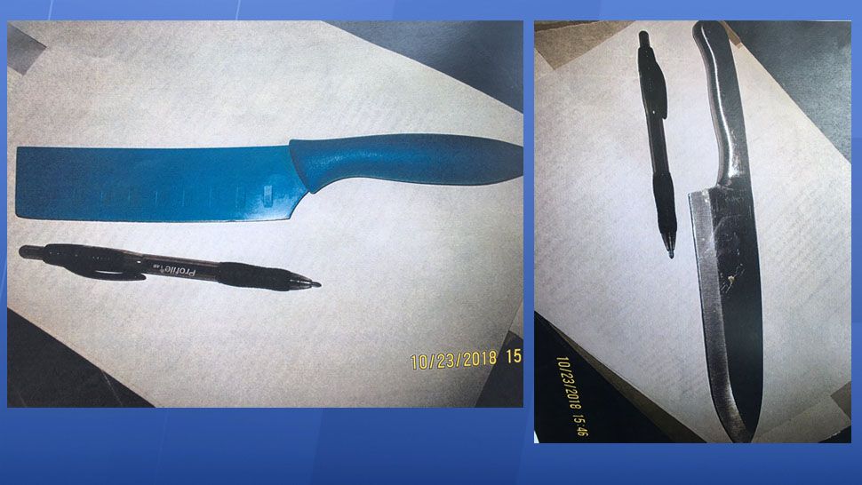 These are the knives that 2 girls brought to their middle school in west Central Florida on Tuesday. The pens are included in the images for scale. (Courtesy of Bartow Police)
