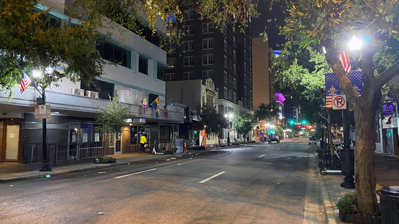 Four people have suffered non-life-threatening injuries after a shooting at the 50 block of North Orange Avenue in downtown Orlando on Halloween night, according to the Orlando Police Department. (Spectrum News 13/Ashleigh Mills)