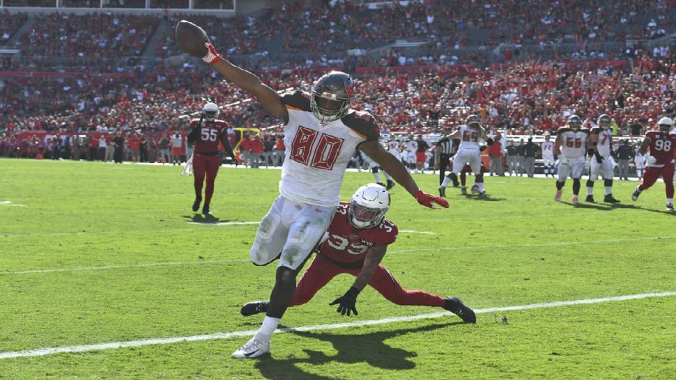 Tampa Bay Buccaneers tight end O.J. Howard crosses the goal line on a 10-yard TD reception from Jameis Winston.  The Bucs rallied to beat Arizona 30-27 and snapped a four-game losing streak.  (AP Photo/Jason Behnken)