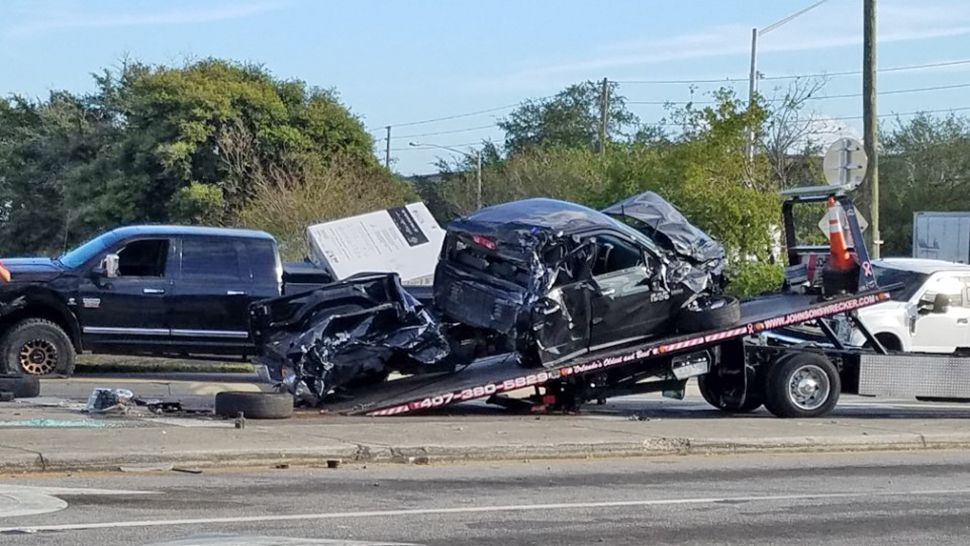 No one was hurt after a SunRail train crashed into a disabled pickup truck in Orlando early Monday morning. (William Claggett/Spectrum News 13)