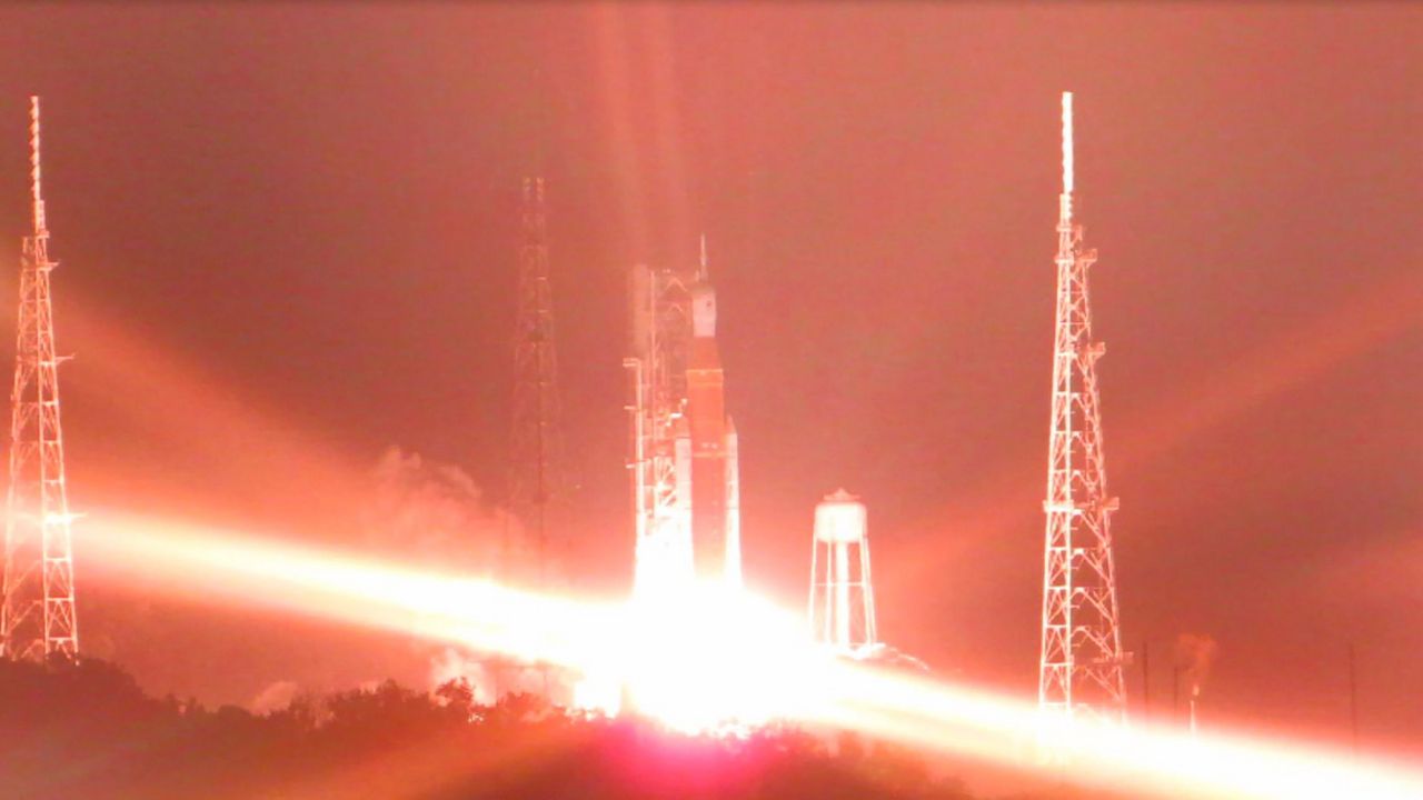 Artemis’ Space Launch System rocket and the Orion spacecraft lifted off from Launch Pad 39B at the Kennedy Space Center for a flight to the moon on Wednesday, Nov. 16. (Spectrum News/Anthony Leone)