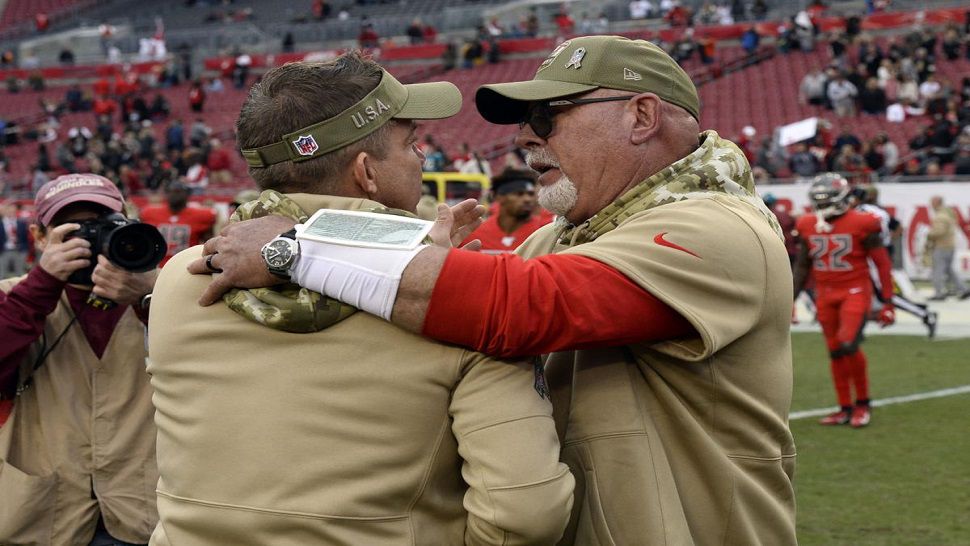 Tampa Bay Buccaneers head coach Bruce Arians, right, congratulates New Orleans Saints head coach Sean Payton after Sunday's game.  Tampa Bay lost for the fifth time in their last six games.  (AP Photo/Jason Behnken)